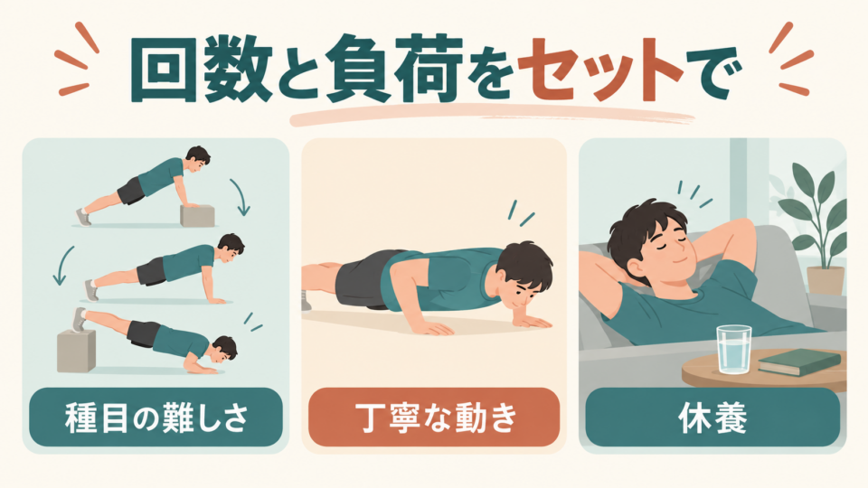 腕立て伏せは種目の難しさ、丁寧な動き、休養と合わせて回数を考える
