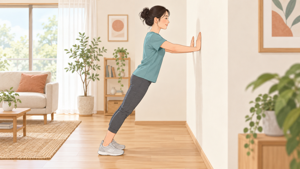 壁に手をついて、腕立て伏せの開始姿勢を取る人のイラスト