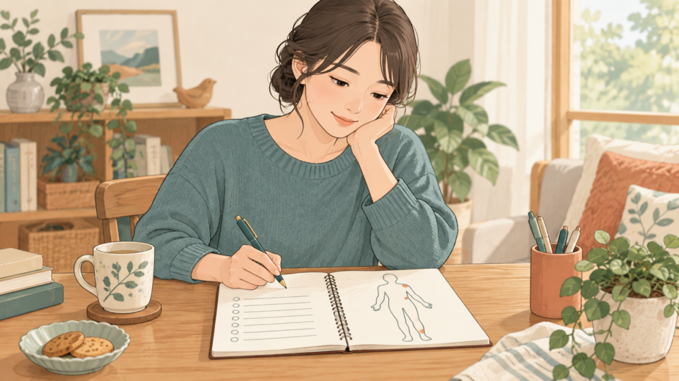 おしりの痛みについて、症状の記録を見ながら相談する人のイラスト
