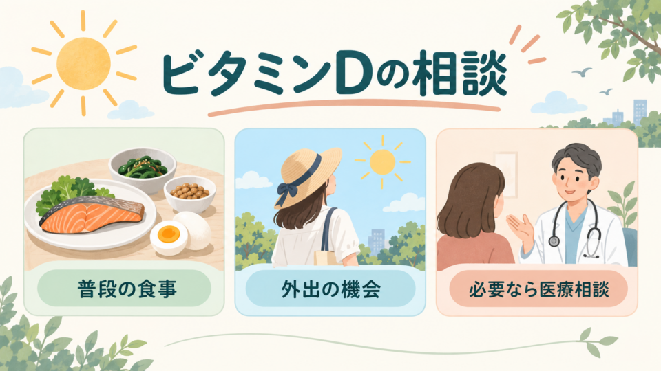 ビタミンDについては、普段の食事、外出の機会、必要な医療相談を合わせて考える