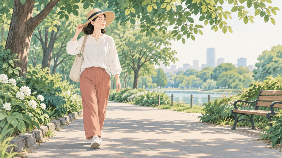帽子と長袖を着用し、木陰の道を歩く人のイラスト