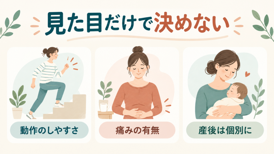 腹筋の見た目だけで判断せず、動作のしやすさ、痛み、産後の状態を確認する