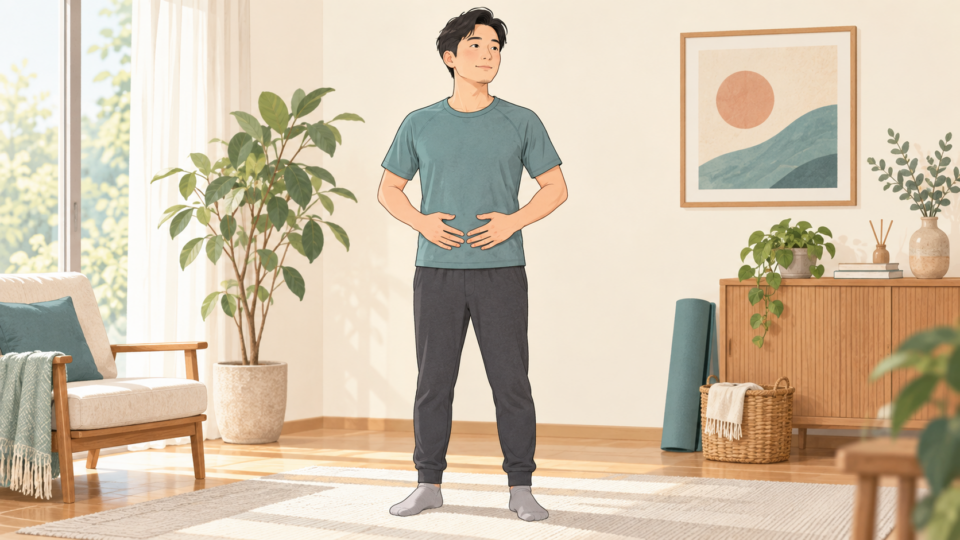 お腹の前側に手を添え、腹部の位置を意識する人のイラスト