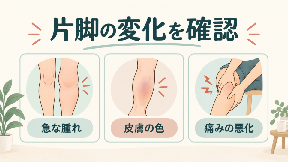片脚の急な腫れ、皮膚の色、痛みの悪化を確認する