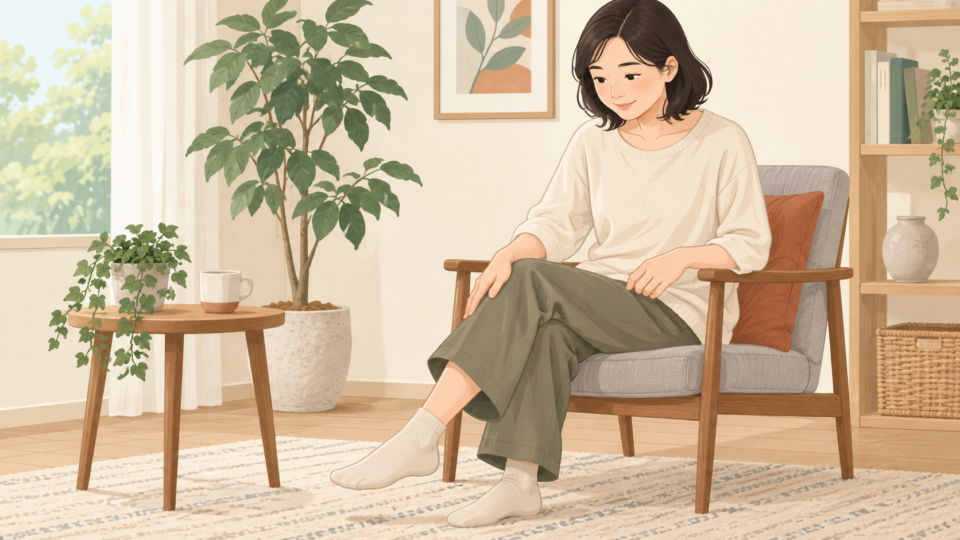 椅子に座り、膝の様子を気にしている人のイラスト