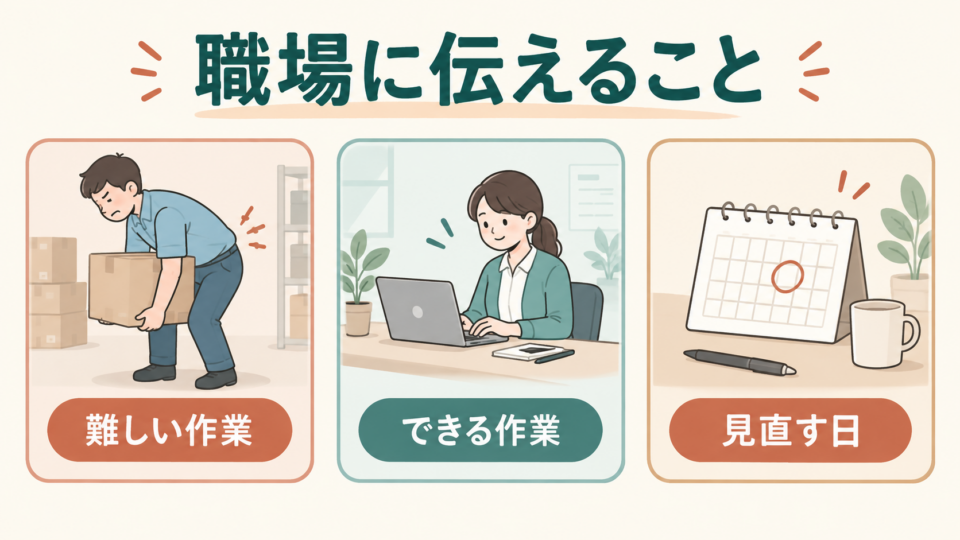 職場には難しい作業、できる作業、見直す日を伝える