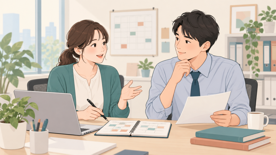 腰痛での復帰に向け、仕事の予定を相談する人たちのイラスト