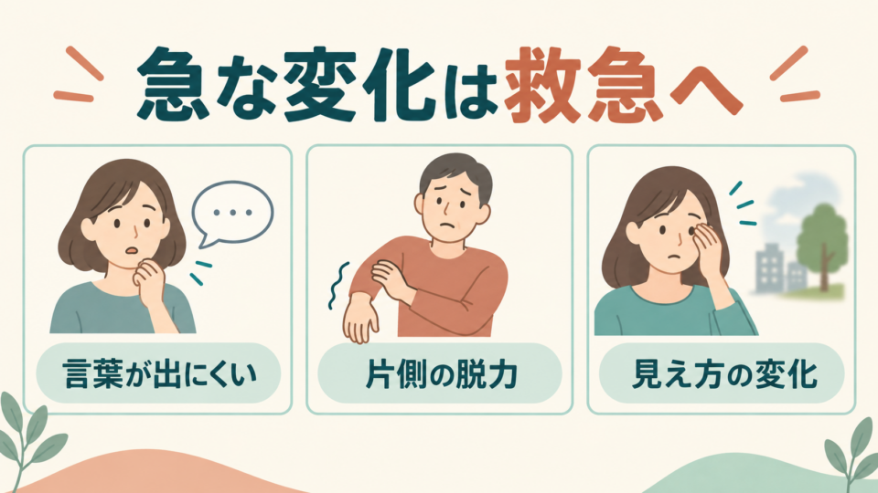急に言葉が出にくい、片側に力が入らない、見え方が変わるときは救急へ