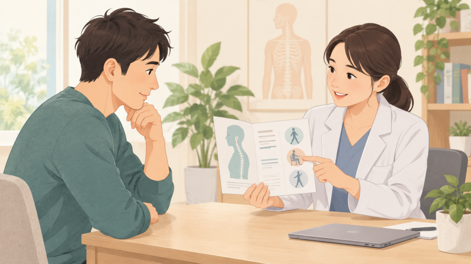 首の施術について、説明資料を見ながら相談する人たちのイラスト