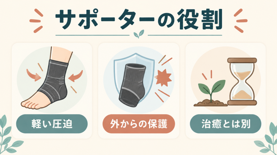 サポーターの軽い圧迫と外からの保護は、治癒そのものとは異なる