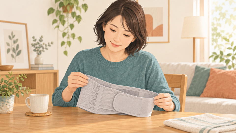 柔らかいサポーターを手に取り確認する人のイラスト