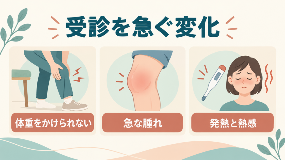 体重をかけられない、急な腫れ、発熱と熱感など膝の受診を急ぐ変化