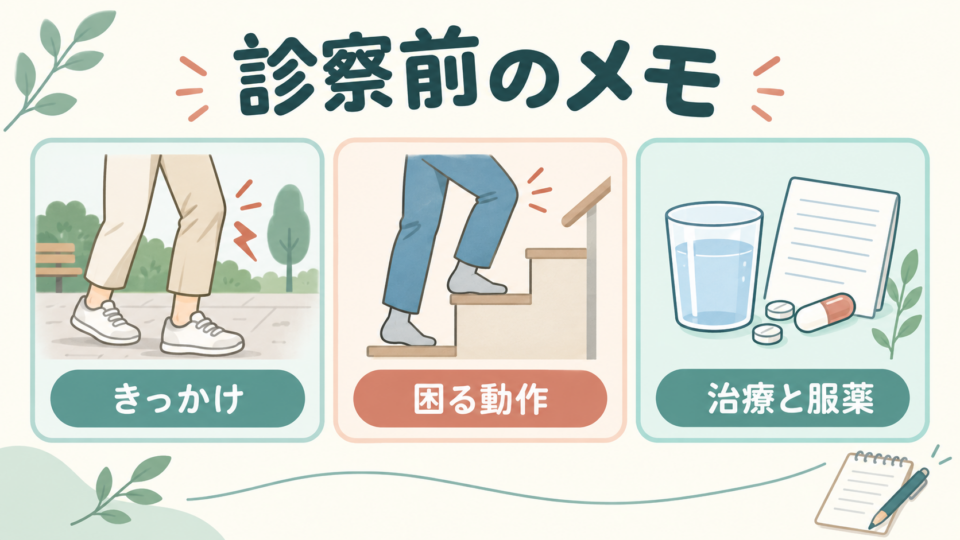 膝の診察前にきっかけ、困る動作、治療と服薬をメモする