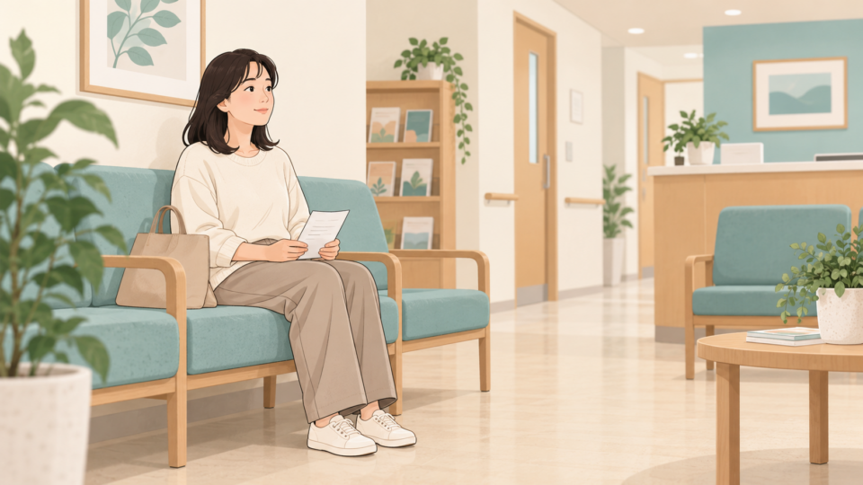 膝の症状を書いたメモを持って医療機関の待合室に座る人のイラスト