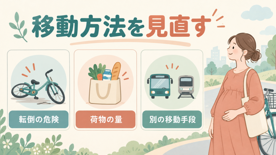 妊娠後期の移動では転倒の危険、荷物の量、別の移動手段を確認する
