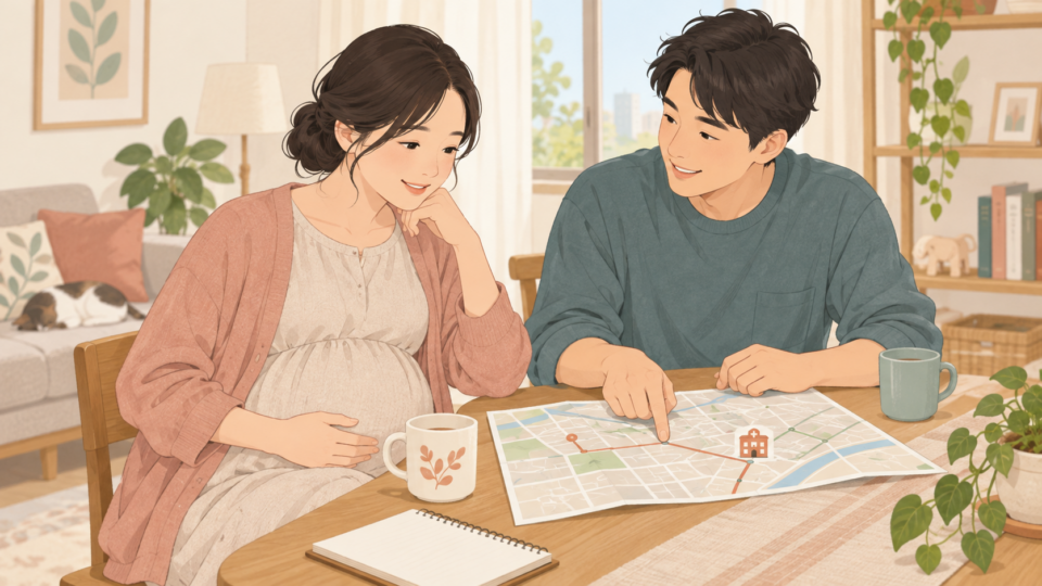 妊娠中の人と家族が移動の予定を相談するイラスト