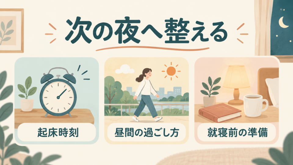 起床時刻、昼間の過ごし方、就寝前の準備を整える