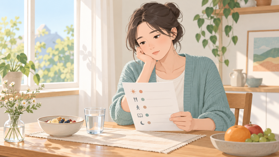 眠れなかった朝に一日の予定を確認する人のイラスト