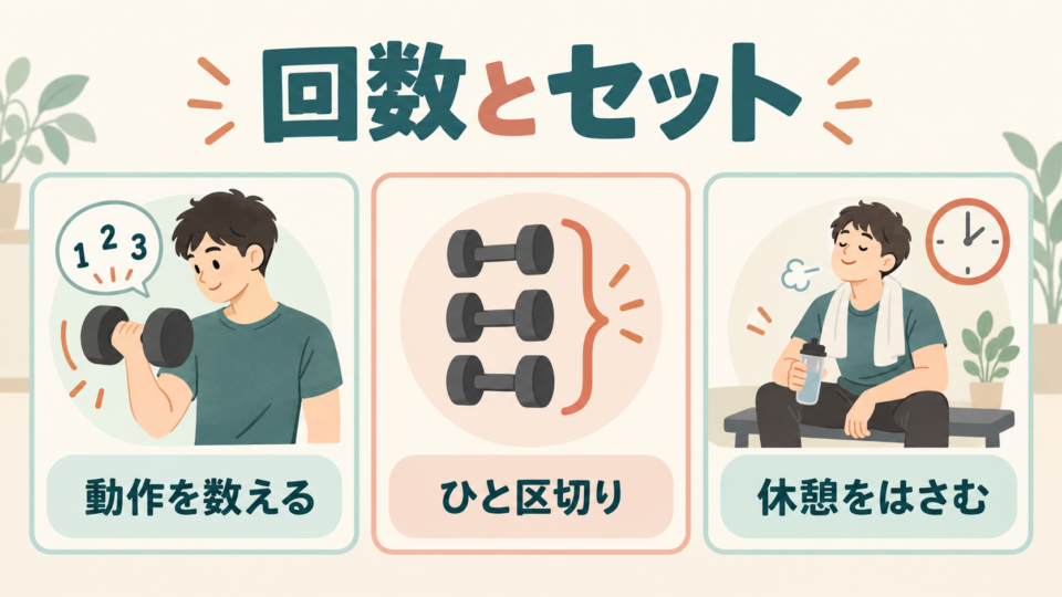 筋トレでは動作の回数とひと区切りのセットを分け、休憩をはさむ