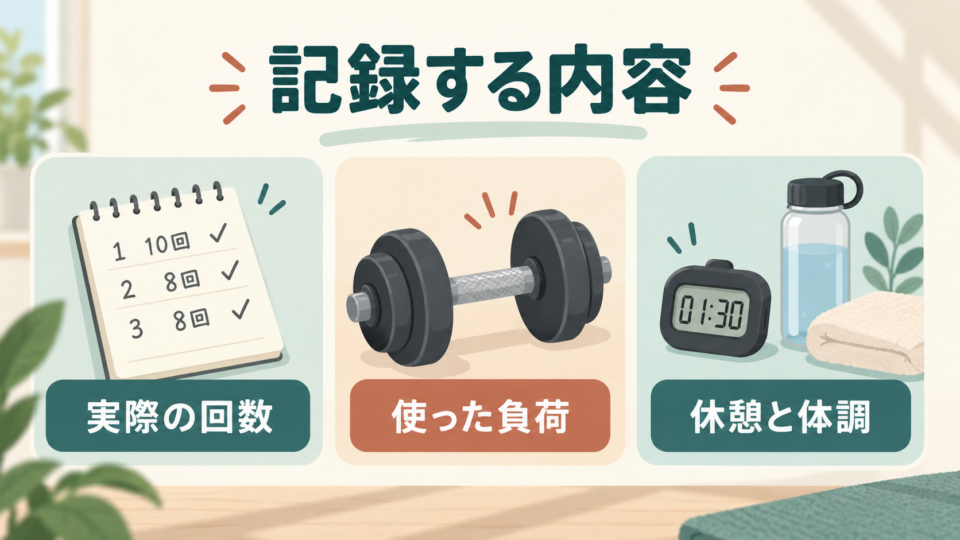 運動記録には回数・負荷・休憩と体調を残す。図の数値は記録例で、推奨回数や休憩時間ではありません