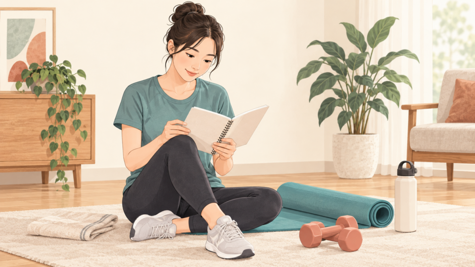 運動メニューのノートを確認する人とマット、ダンベルのイラスト