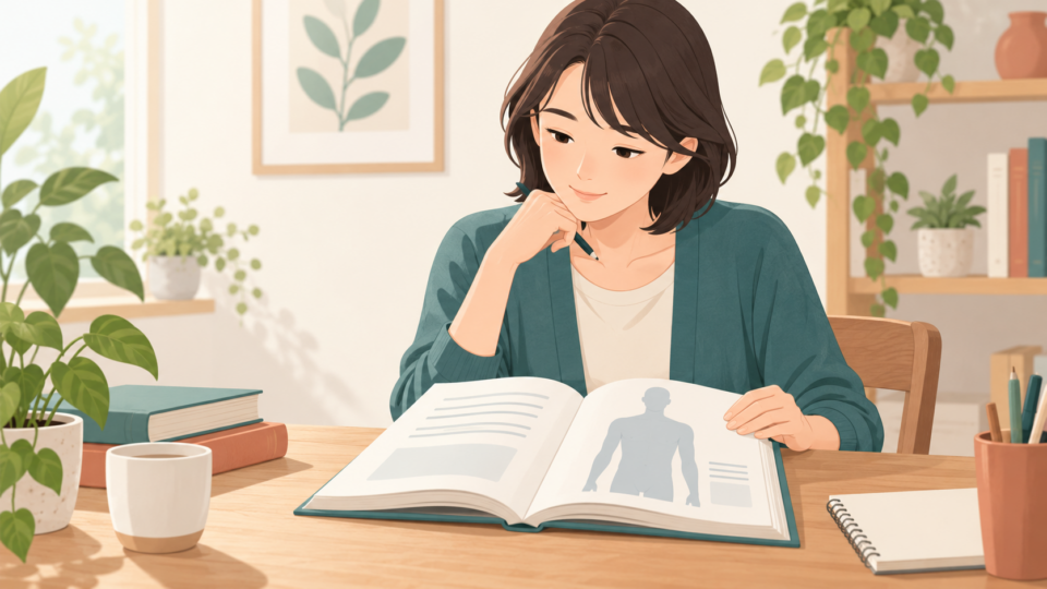 胸の中央と筋肉の関係について資料を見ながら考える人のイラスト