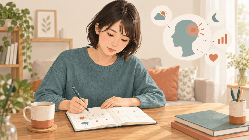こめかみの痛みの経過をノートに書く人のイラスト