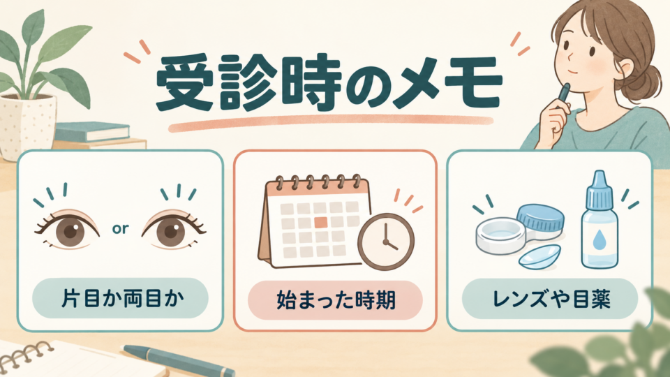 眼科で相談する際は片目か両目か、見え方、起きる場面を伝える
