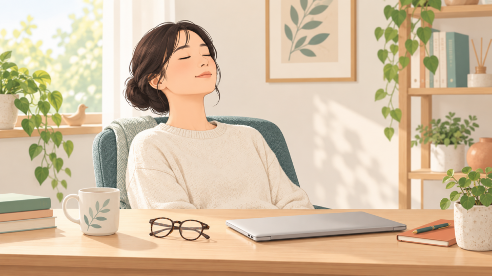 画面作業を中断し、明るさを抑えた場所で休憩する人のイラスト