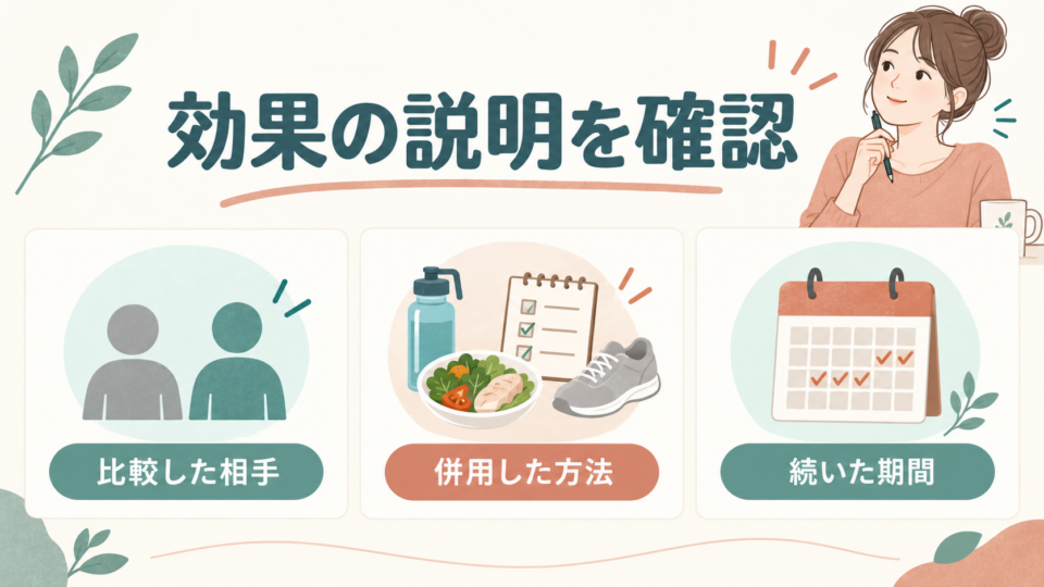 効果の説明では比較した相手、併用した方法、続いた期間を確認する