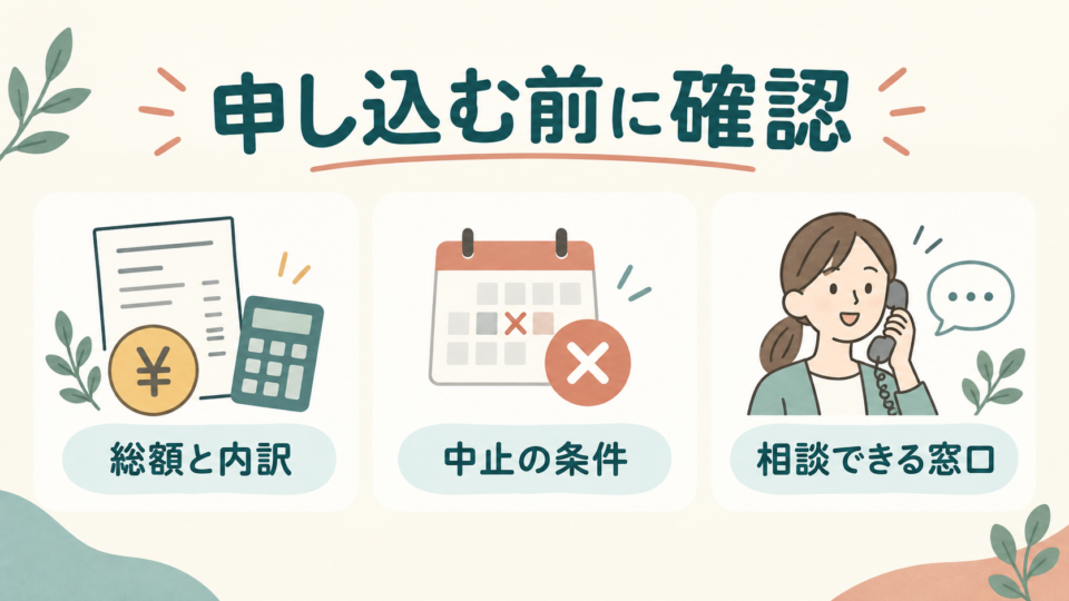 申し込む前に総額と内訳、中止の条件、相談できる窓口を確認する