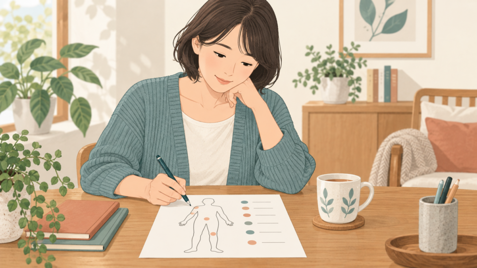 腰の脇の痛みについて症状メモを書く人のイラスト