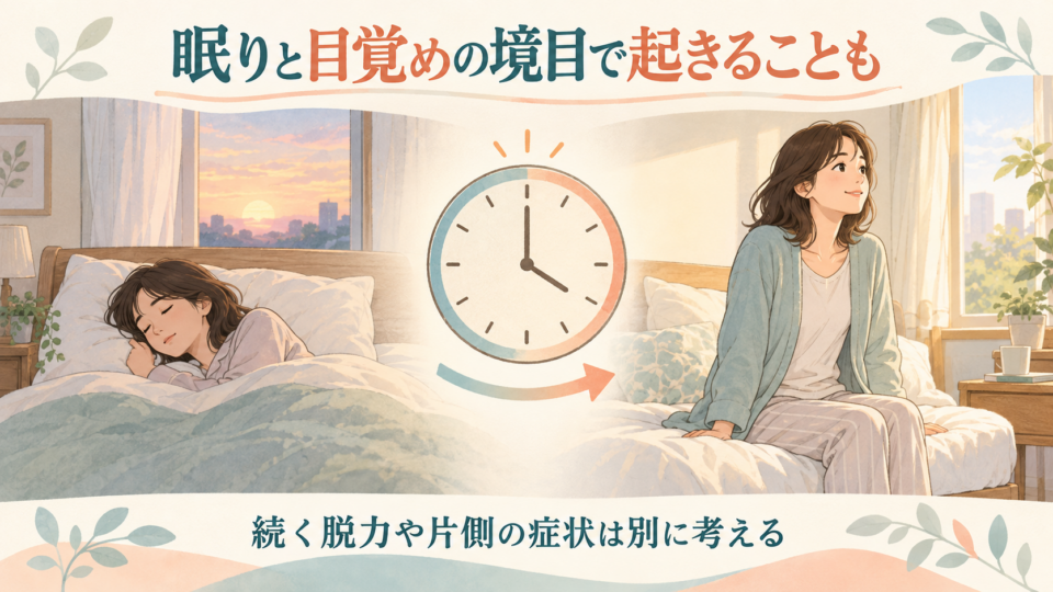 眠りと目覚めの境目の症状と、続く脱力や片側の症状を分けて考える