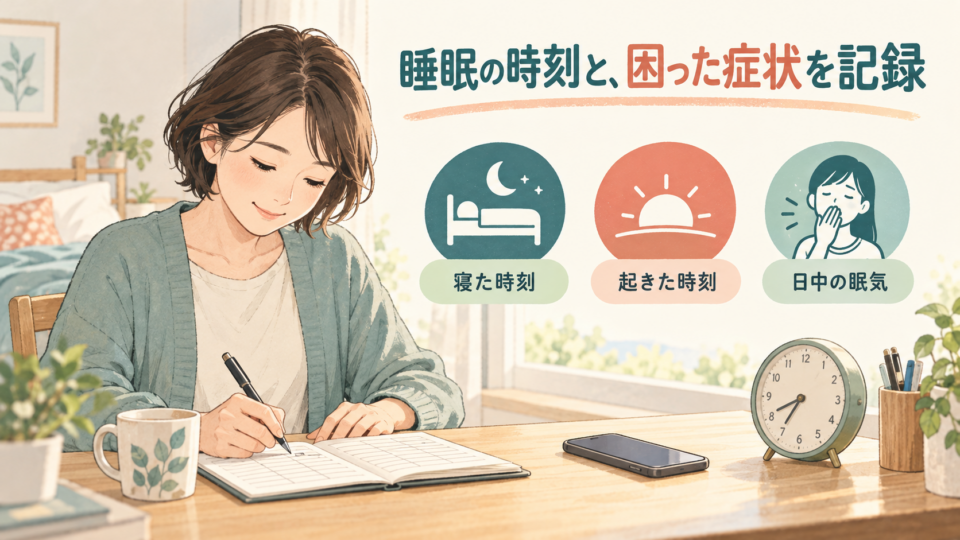 寝た時刻、起きた時刻、日中の眠気を短く記録する
