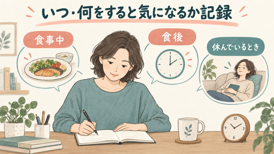食事中・食後・休んでいるときなど、喉の症状が出る場面を記録する