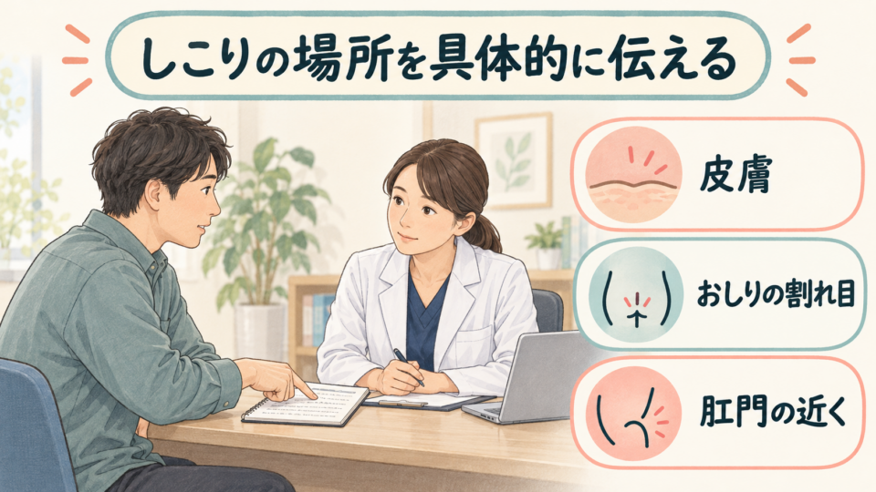 皮膚、おしりの割れ目、肛門の近くという位置を分けて伝える