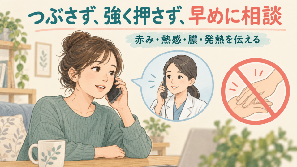 しこりをつぶさず、赤みや熱感、膿、発熱を伴うときは医療機関に相談する