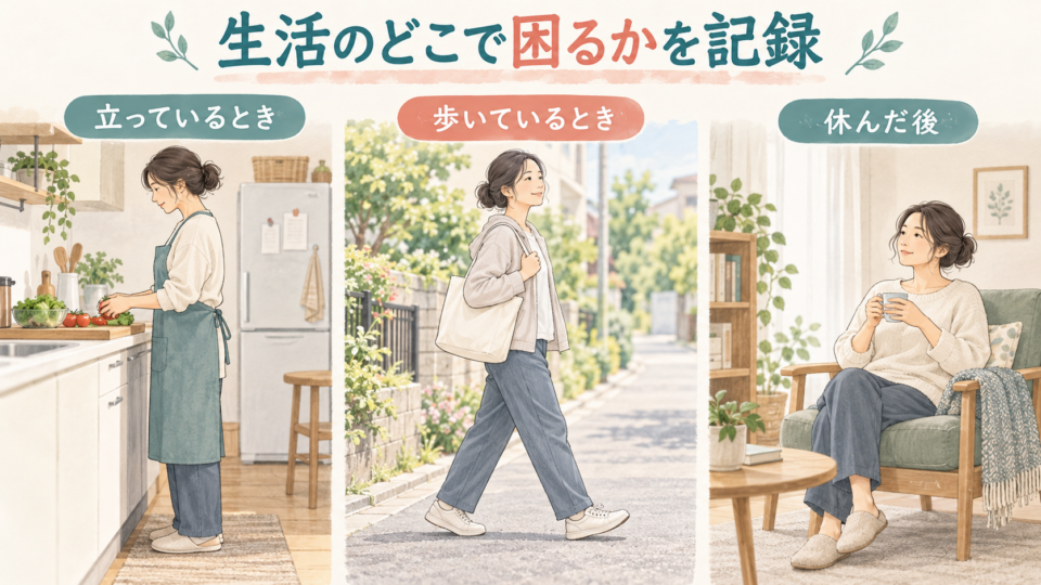 立つ、歩く、休む場面で何に困るかを短く記録する