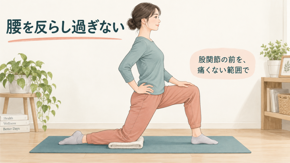 片膝をタオルで保護し、腰を反らし過ぎず股関節前面を伸ばす姿勢の例
