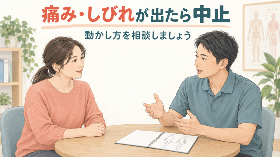 ストレッチで痛みやしびれが出たら中止し、動かし方を相談する