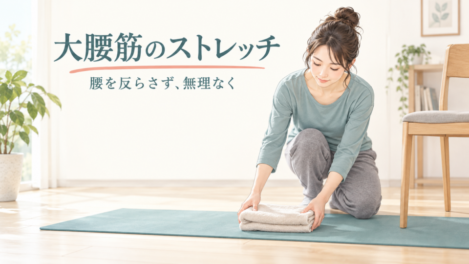 大腰筋のストレッチの前にタオルとマットを準備する人