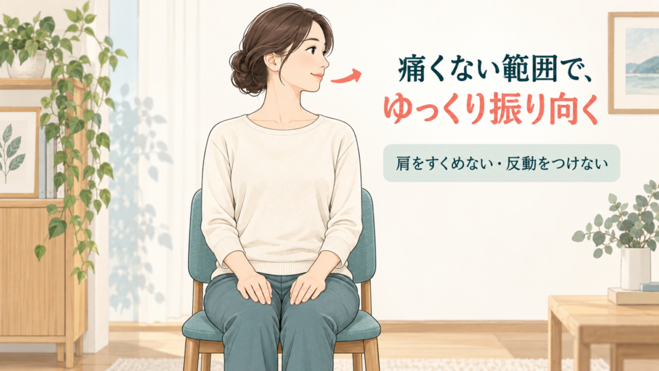 椅子で肩を下げ、痛くない範囲でゆっくり左右を振り向く