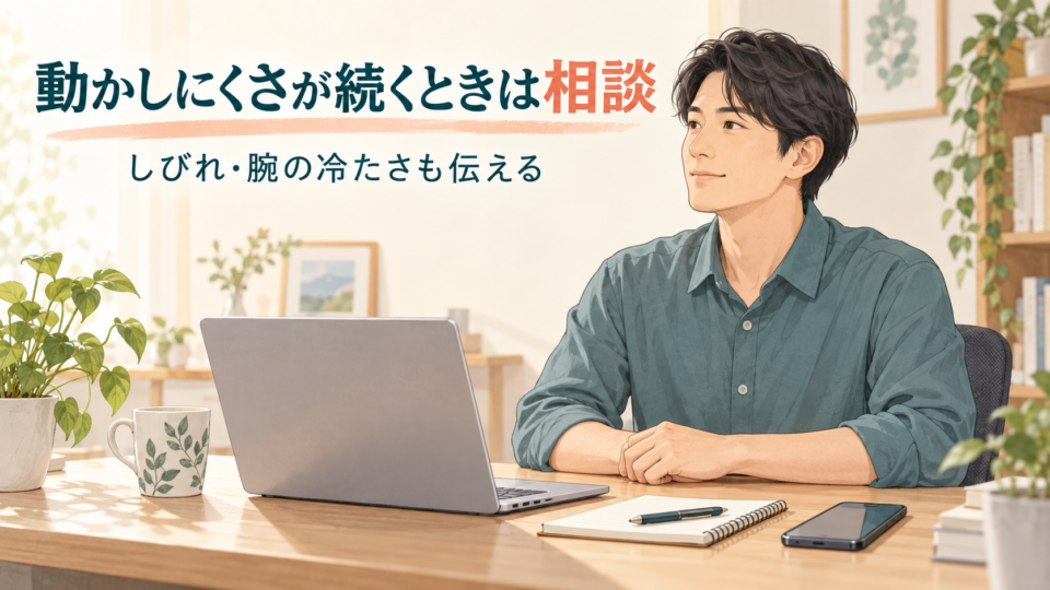 机で前腕を支えて休み、動かしにくさやしびれが続く場合は相談する