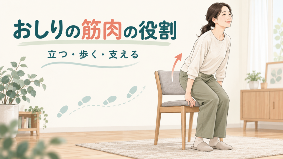 椅子から立ち上がる動作と、おしりの筋肉の役割を表すイラスト