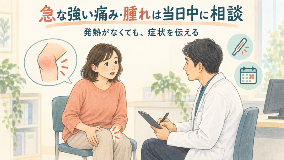 熱く腫れて動かしにくい膝は、発熱がなくても急いで医療機関へ相談する