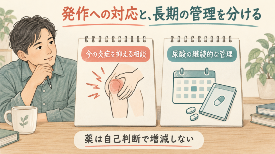 今の発作への対応と長期的な尿酸管理を分け、薬を自己調整しない