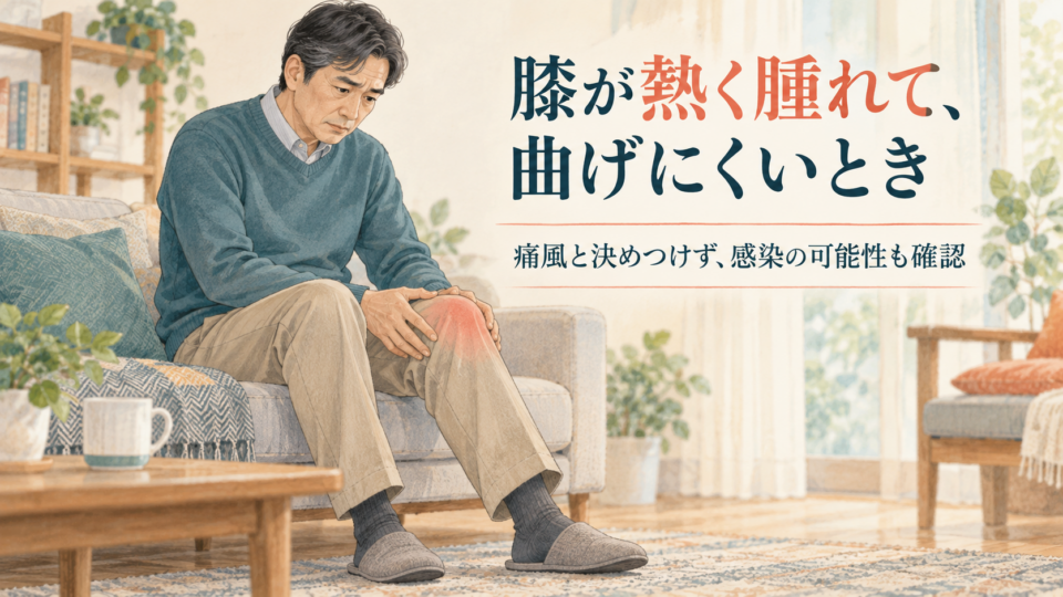急に膝が腫れて曲がらないときは、痛風と自己判断せず相談する