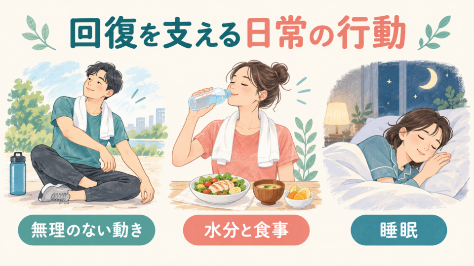 無理のない動き、水分と食事、睡眠を含めて運動後の過ごし方を考える図
