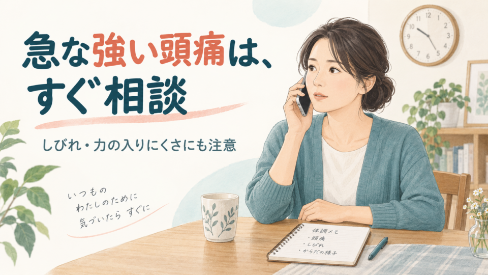 急な強い頭痛やしびれ、力の入りにくさがあるときはすぐ相談する