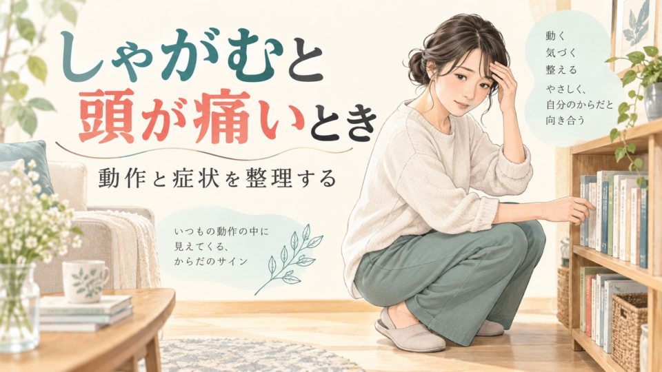 しゃがんだ際の頭痛について、動作と症状を整理するイラスト